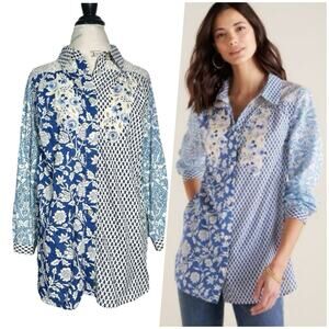Soft Surroundings | Women | Capelle Embroidered Eyelet Button Up Shirt | Medium